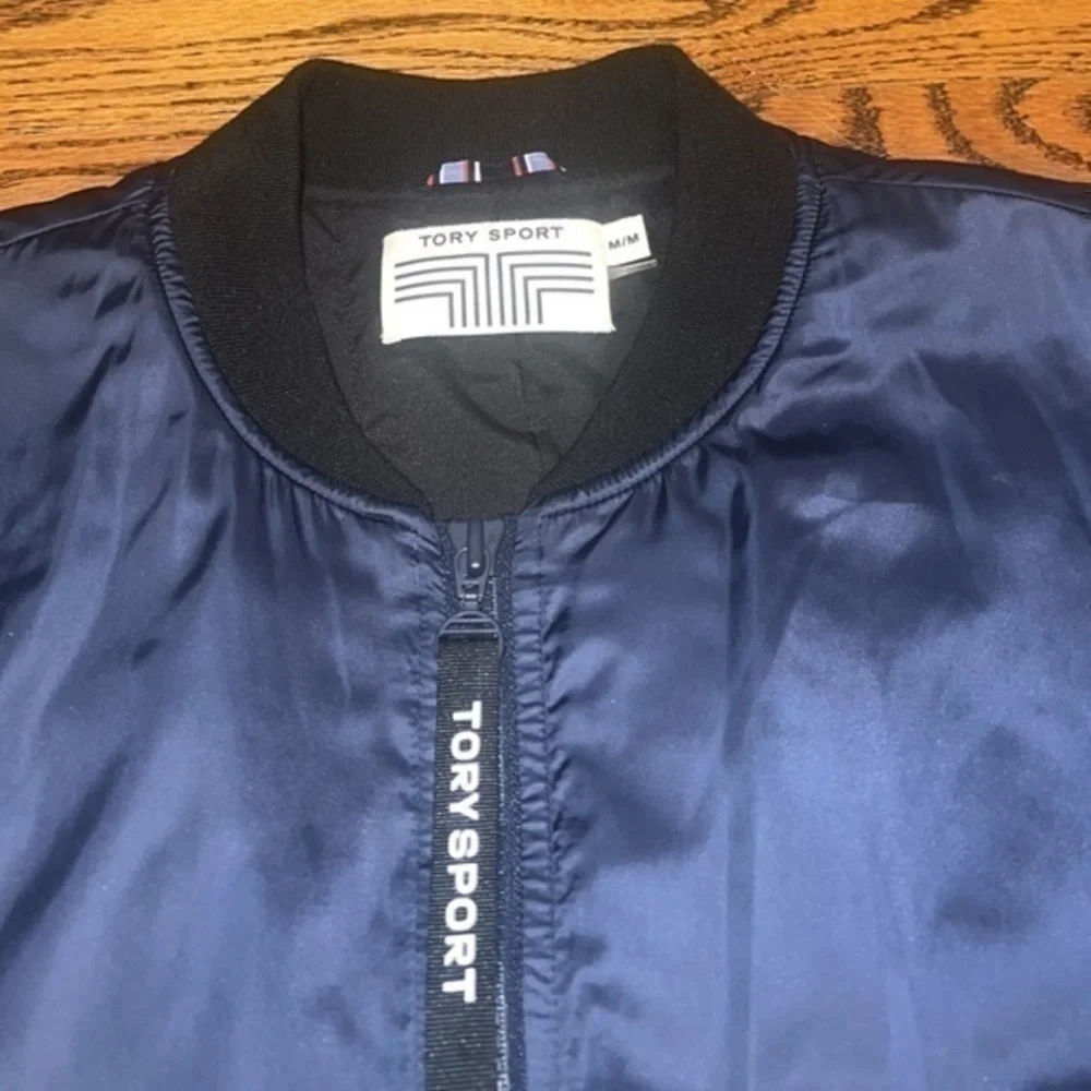 Tory Burch Sport Performance Navy Blue Satin‎ Long Bomber Jacket Coat Medium
